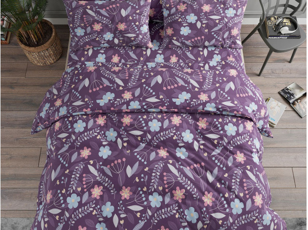 Комплект постельного белья КПБ бязь фиолетовый, цветы