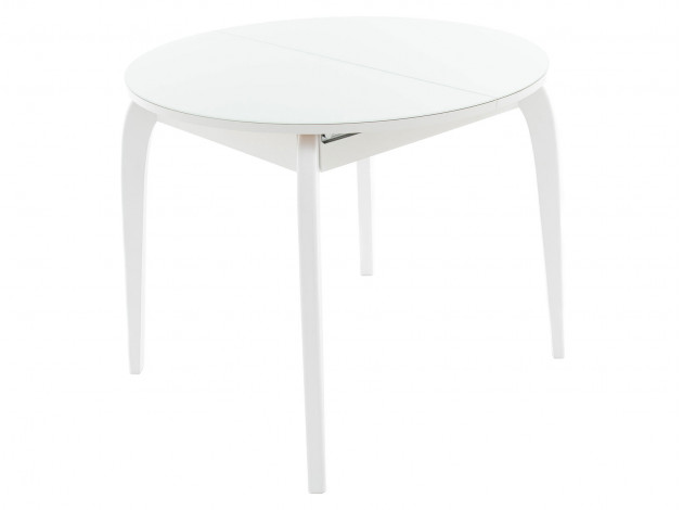Кухонный стол Стол раздвижной РИВЬЕРА СВ Круг- стекло (D 900) без ног + Опора №1 изогнутая из массива дерева (Белый комплект из 4 ног)